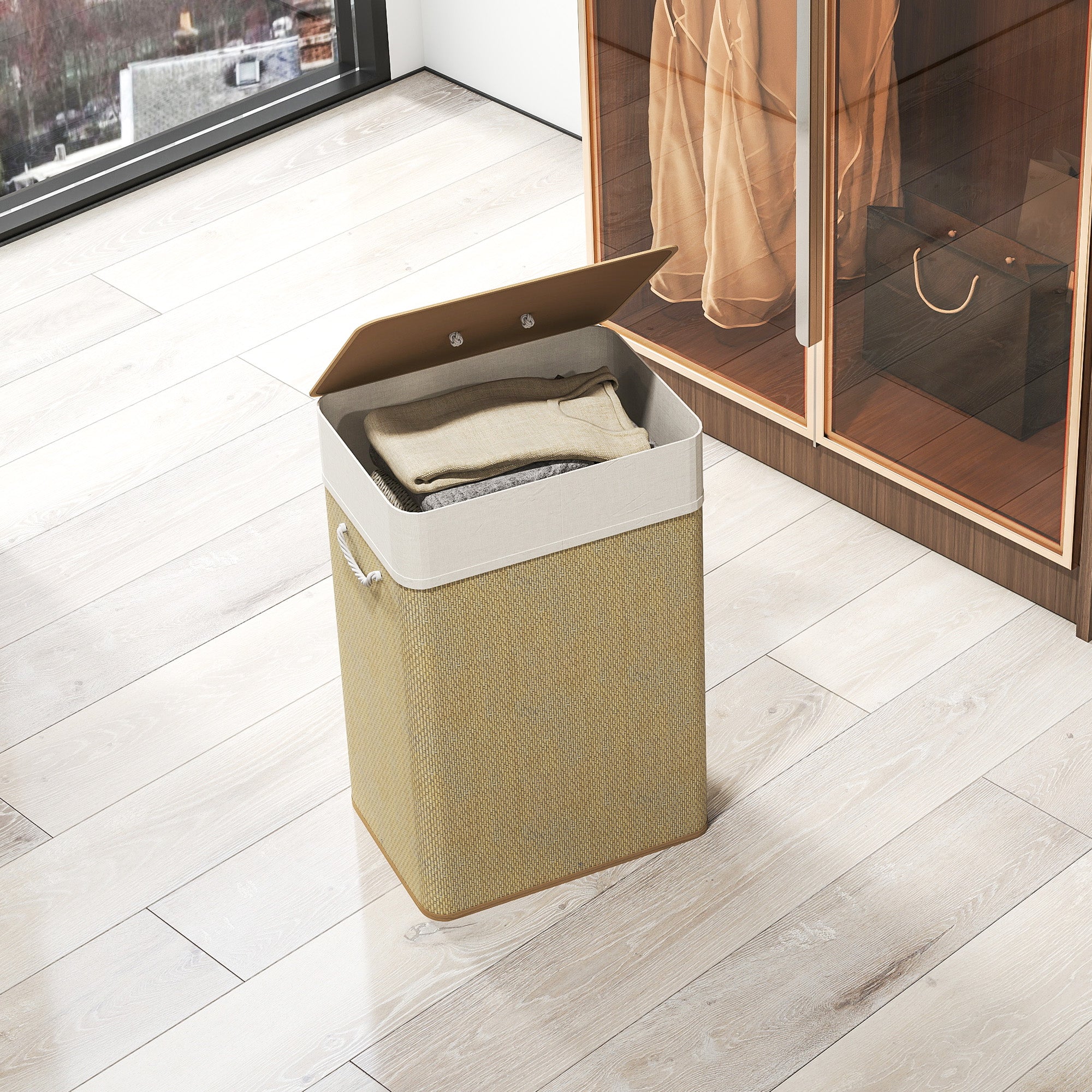Beige woven fabric laundry basket with white rim and lid 72l capacity with nature wood finish and rope handles