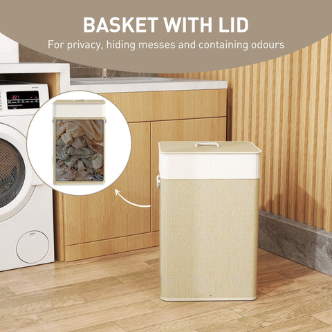 Beige homcom bamboo laundry basket with lid and handle features 72l capacity and nature wood finish for odor control