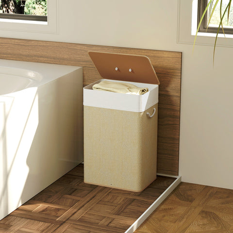 Beige woven fabric laundry basket with white plastic lid and tan wooden handle nature wood finish 72l capacity