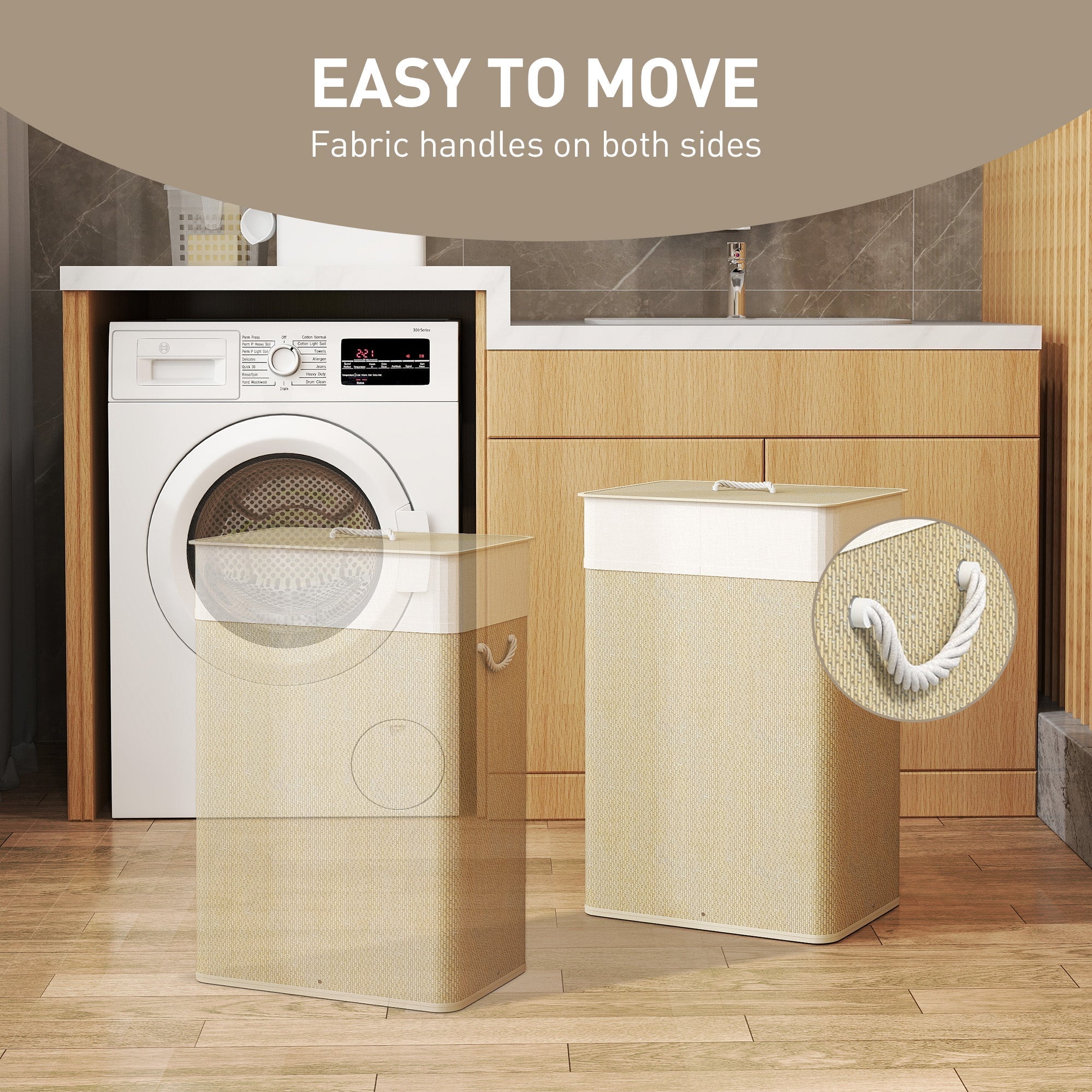 Beige woven fabric laundry basket with white lid and rope handles in nature wood finish 72l capacity by homcom