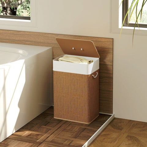 Brown woven bamboo laundry basket with 72l capacity removable lid and white interior for bathroom or bedroom use