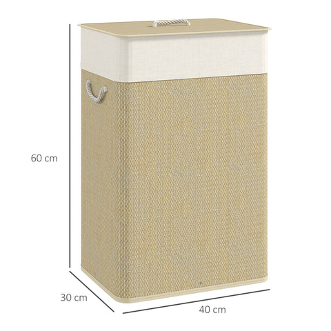 Beige and cream woven fabric laundry basket with rope handles 72l capacity and nature wood finish from homcom