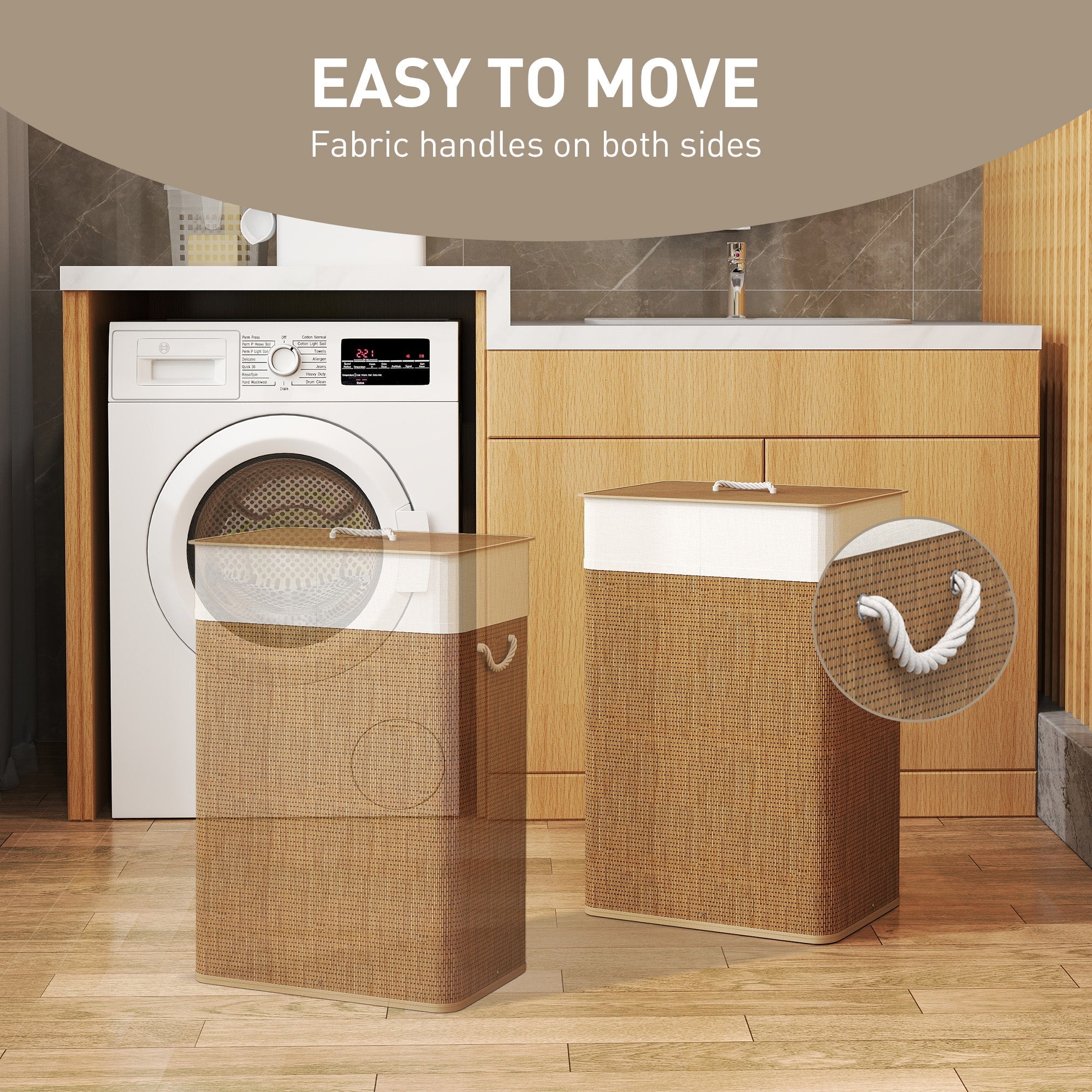 Brown woven fabric laundry basket with 72l capacity removable lid and white handles ideal for bathroom or bedroom use