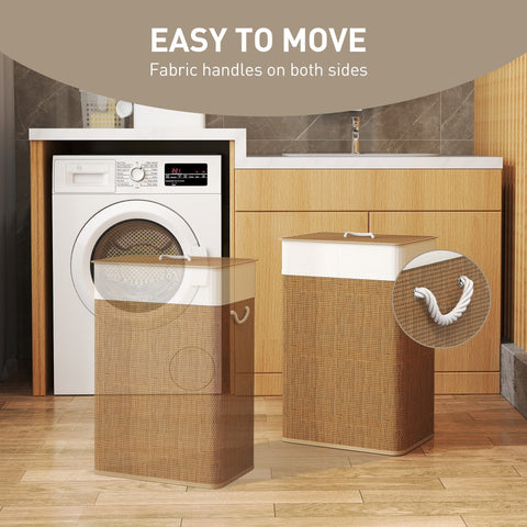 Brown woven fabric laundry basket with 72l capacity removable lid and white handles ideal for bathroom or bedroom use