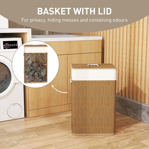Brown bamboo laundry basket with removable lid and rope handles 72l capacity for bathroom and bedroom storage