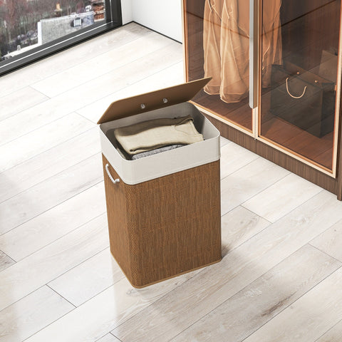 Brown woven bamboo laundry basket with 72l capacity removable lid and silver-toned handles for bathroom or bedroom use