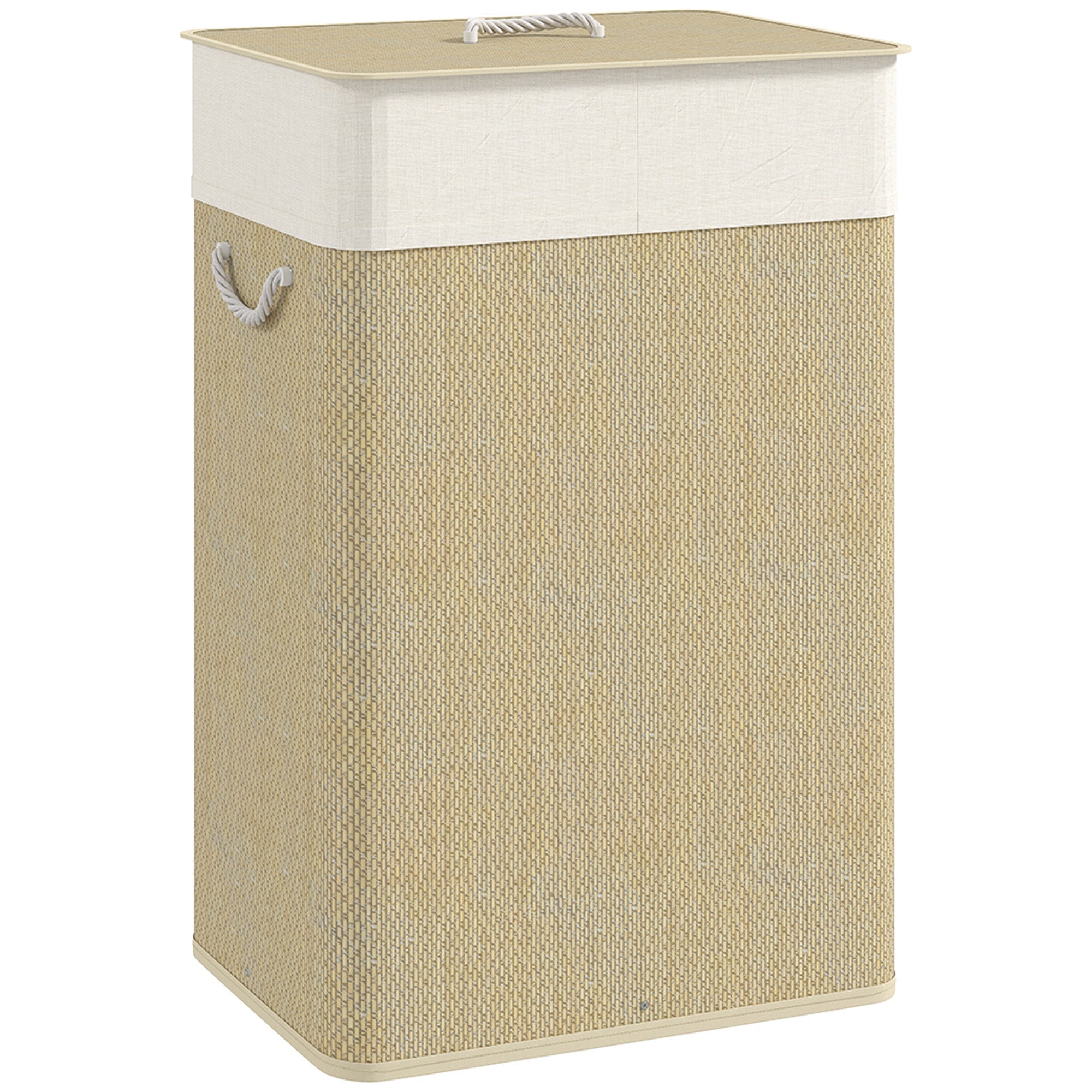 Beige woven fabric laundry basket with white rope handles and lid in nature wood finish 72l capacity by HOMCOM