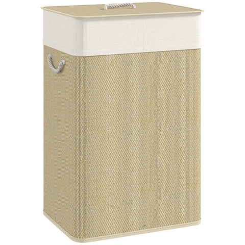 Beige woven fabric laundry basket with white rope handles and lid in nature wood finish 72l capacity by HOMCOM