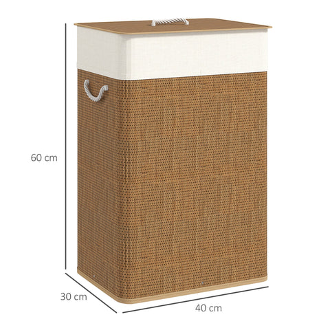 Brown homcom bamboo laundry basket with 72l capacity removable lid rope handles and white fabric lining