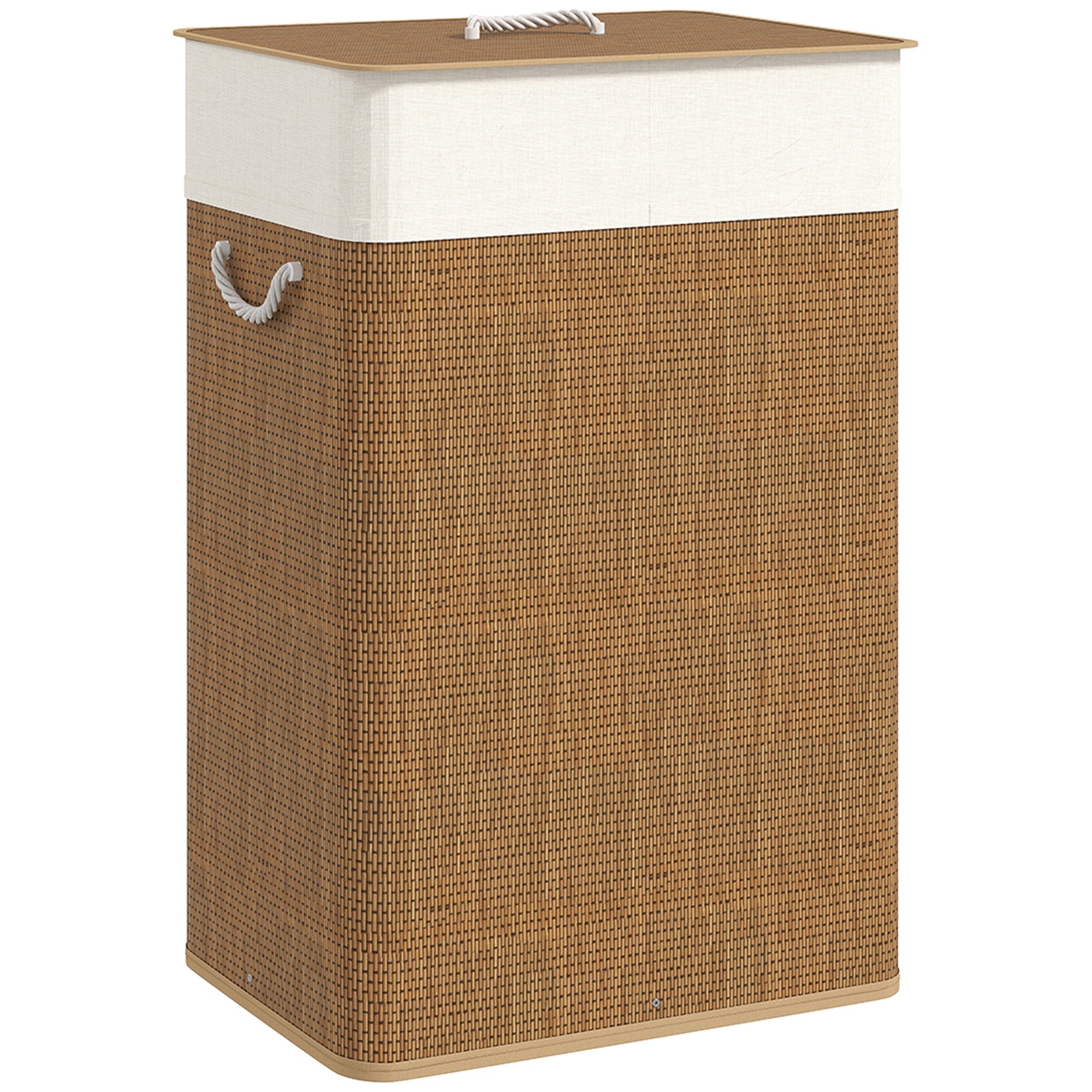 HOMCOM bamboo laundry basket with 72l capacity, removable lid, white fabric top, and rope handles in brown weave