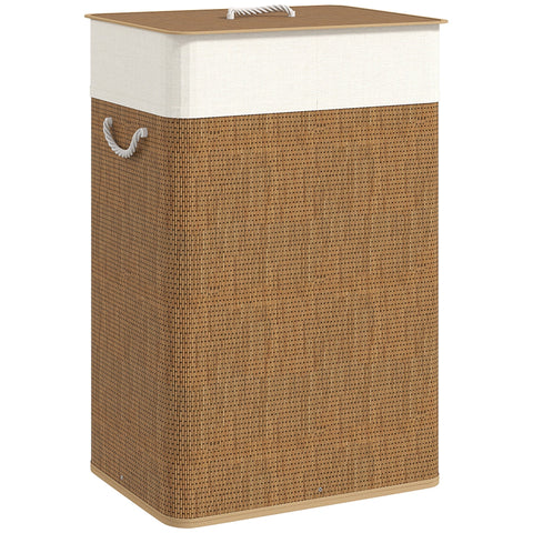 HOMCOM bamboo laundry basket with 72l capacity, removable lid, white fabric top, and rope handles in brown weave