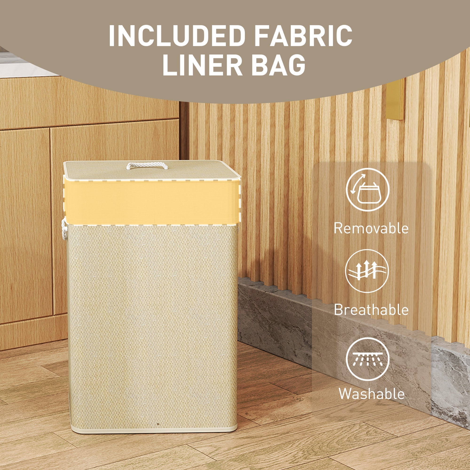 Beige woven fabric laundry basket with yellow rim and white rope handle 72l capacity nature wood finish