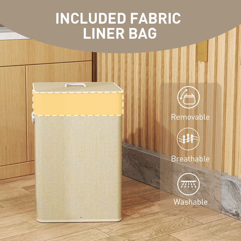 Beige woven fabric laundry basket with yellow rim and white rope handle 72l capacity nature wood finish