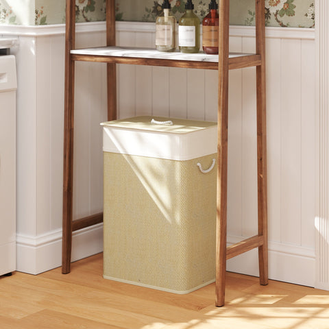 Beige woven fabric laundry basket with white lid and rope handles in nature wood finish 72l capacity for home use