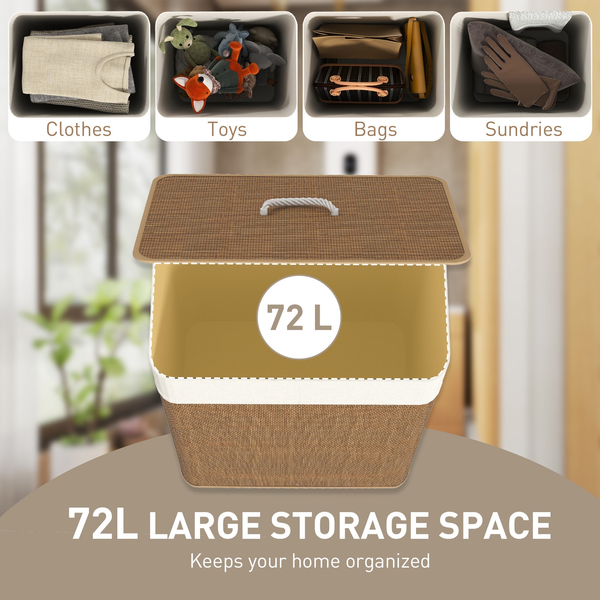 Brown woven fabric laundry basket with 72l capacity removable lid rope handles and beige trim for bedroom or bathroom