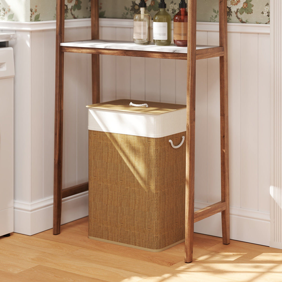 Beige woven HOMCOM bamboo laundry basket with removable lid 72l capacity and fabric handles under wooden shelf