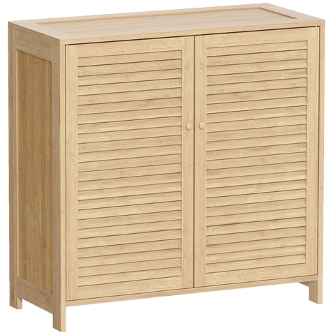Light-colored bamboo shoe cabinet with louvered doors and adjustable shelves for shoe storage in hallway
