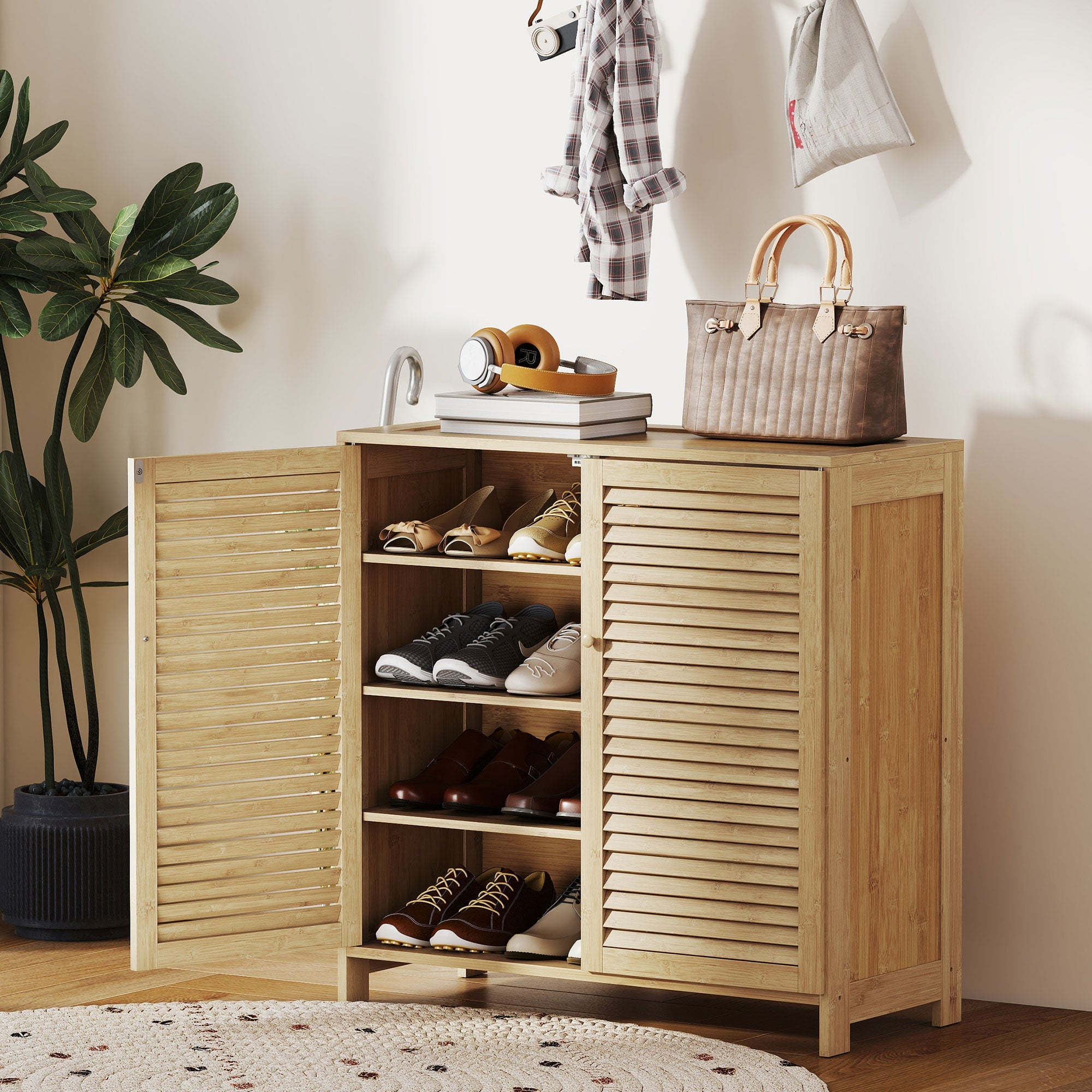 Light wood bamboo shoe cabinet with louvered doors and adjustable shelves for 14 pairs shoe storage cabinet natural finish