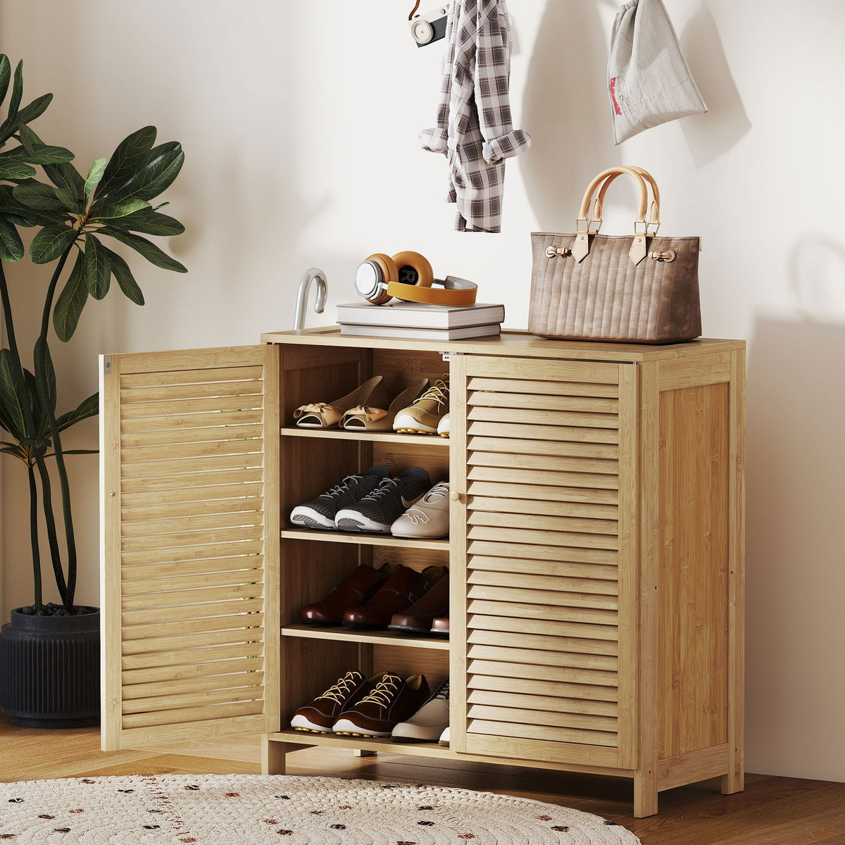 Light wood bamboo shoe cabinet with louvered doors and adjustable shelves for 14 pairs shoe storage cabinet natural finish