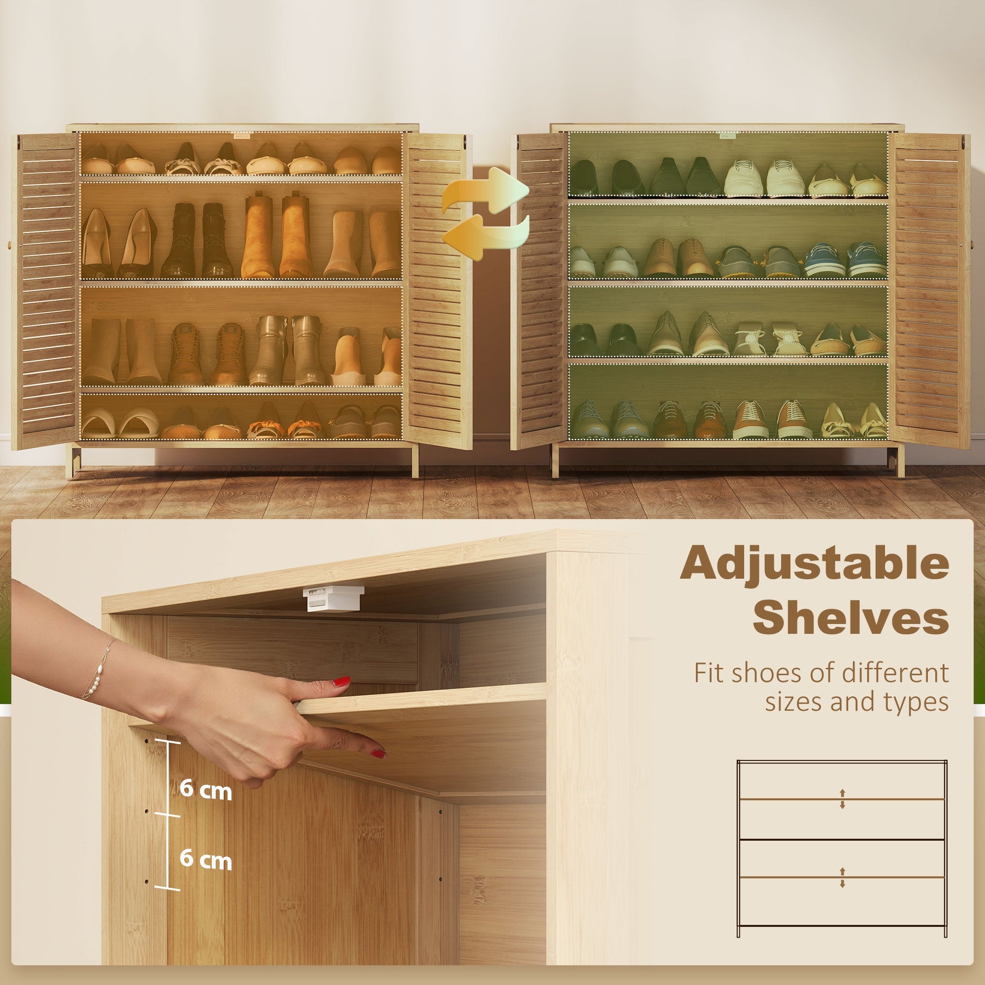 Natural homcom bamboo shoe cabinet with light-colored louvered doors and adjustable shelves for shoe storage