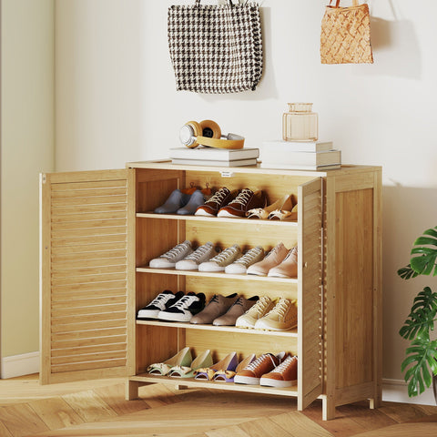 Homcom bamboo shoe cabinet with natural light wood slatted doors and adjustable shelves for shoe storage cabinet