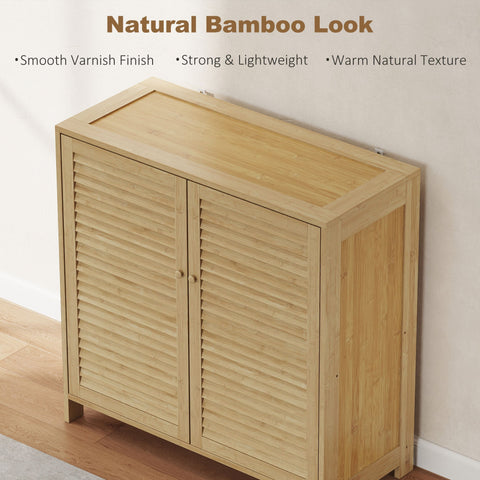 Light-colored homcom bamboo shoe cabinet with louvered doors and adjustable shelves for shoe storage in hallway