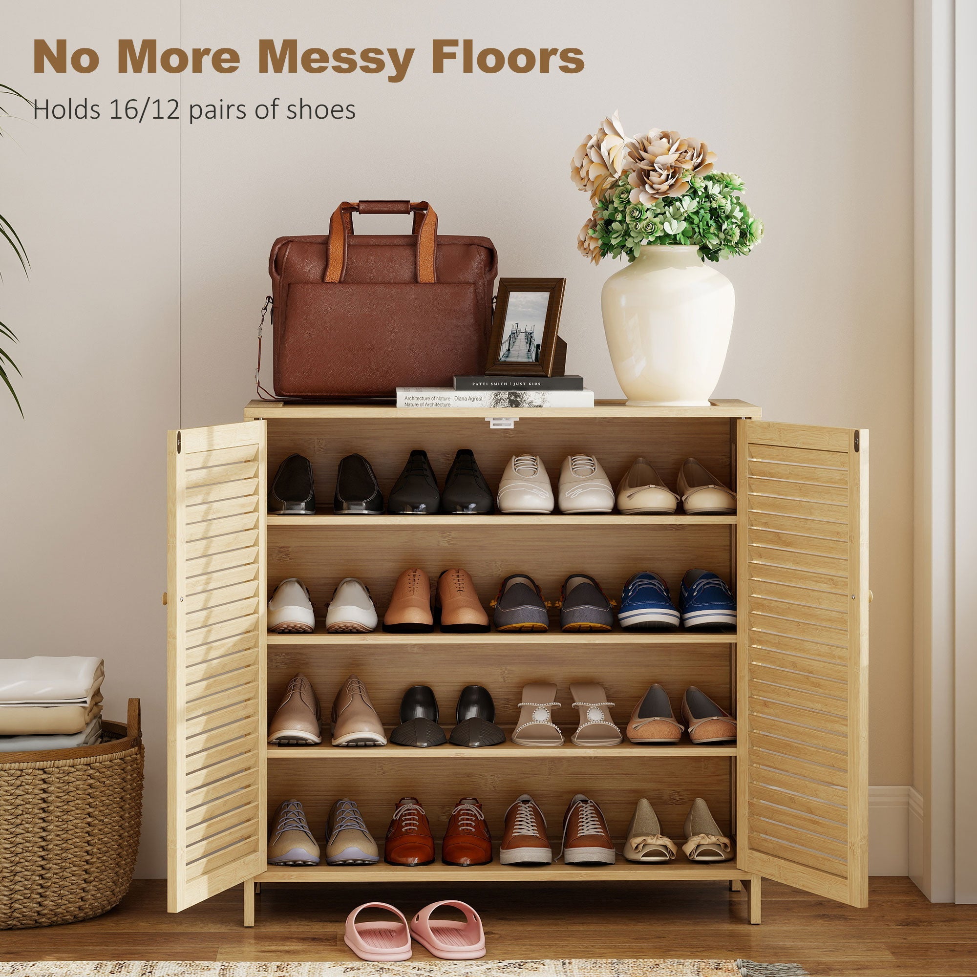 Homcom bamboo shoe cabinet in light wood finish with adjustable shelves and louvered doors for organized shoe storage
