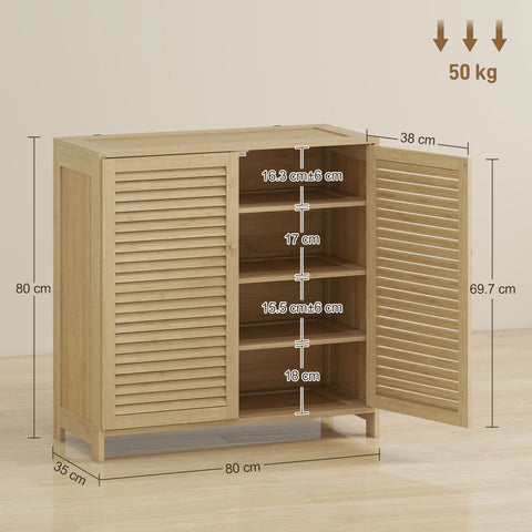 Light wood-finish bamboo shoe cabinet with louvered doors and three adjustable shelves for shoe storage cabinet