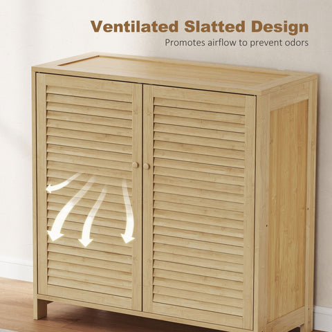 Light-colored bamboo shoe cabinet with ventilated slatted design and adjustable shelves for shoe storage cabinet use