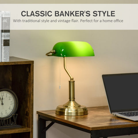 Green glass shade desk lamp with brass tone finish and articulated arm for home office by HOMCOM