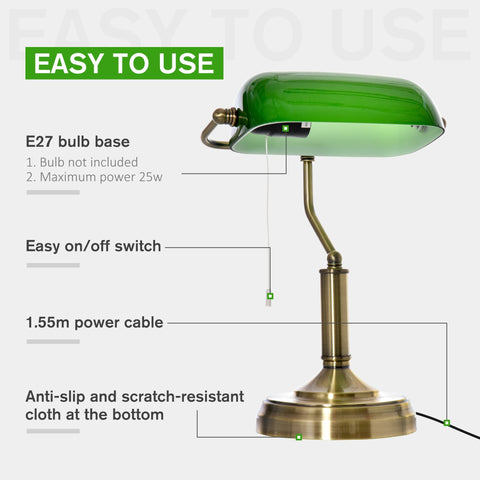 Homcom bankers desk lamp with brass tone finish, green glass shade, and articulated arm for home office use