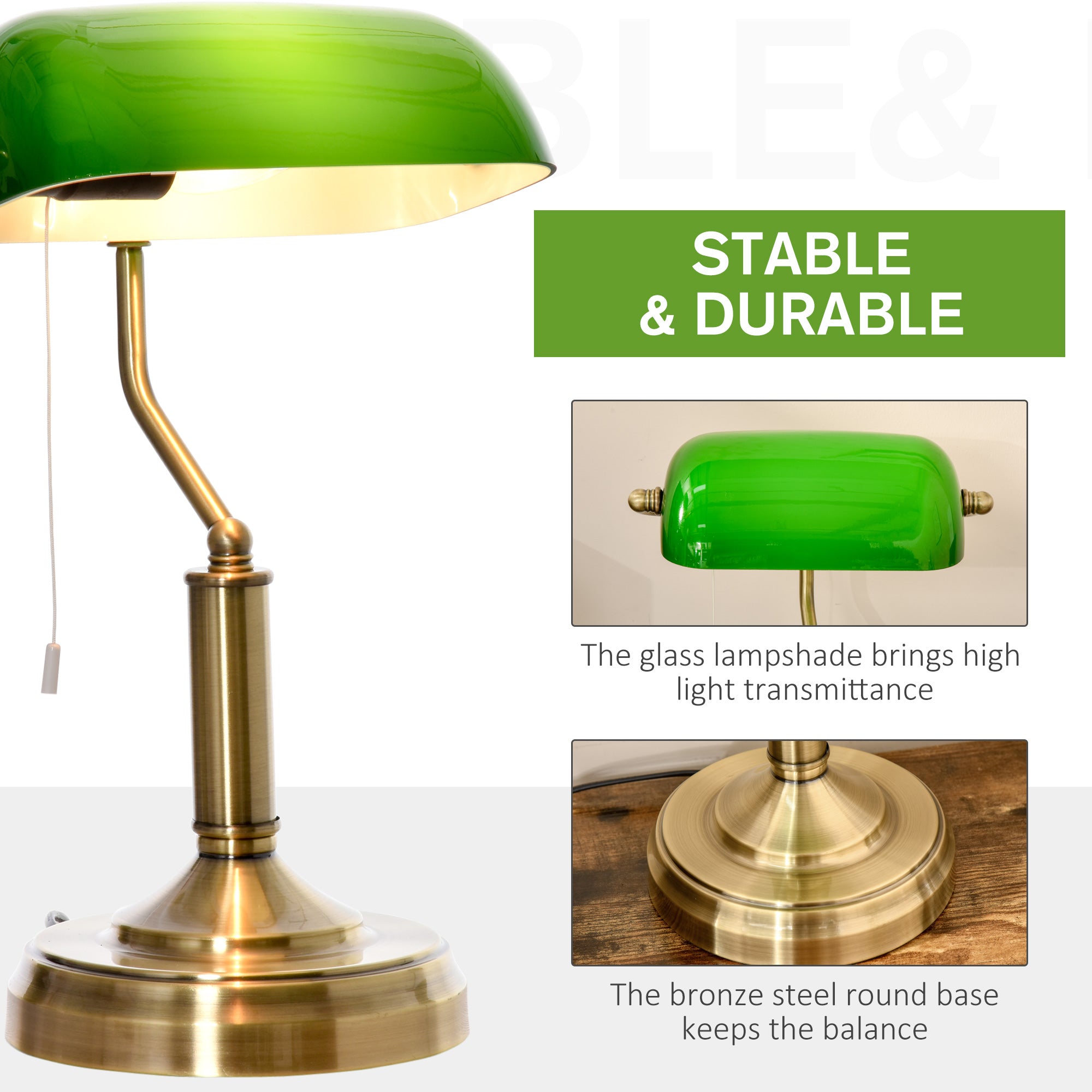 Homcom bankers desk lamp with green glass shade and brass tone finish base perfect for home office use