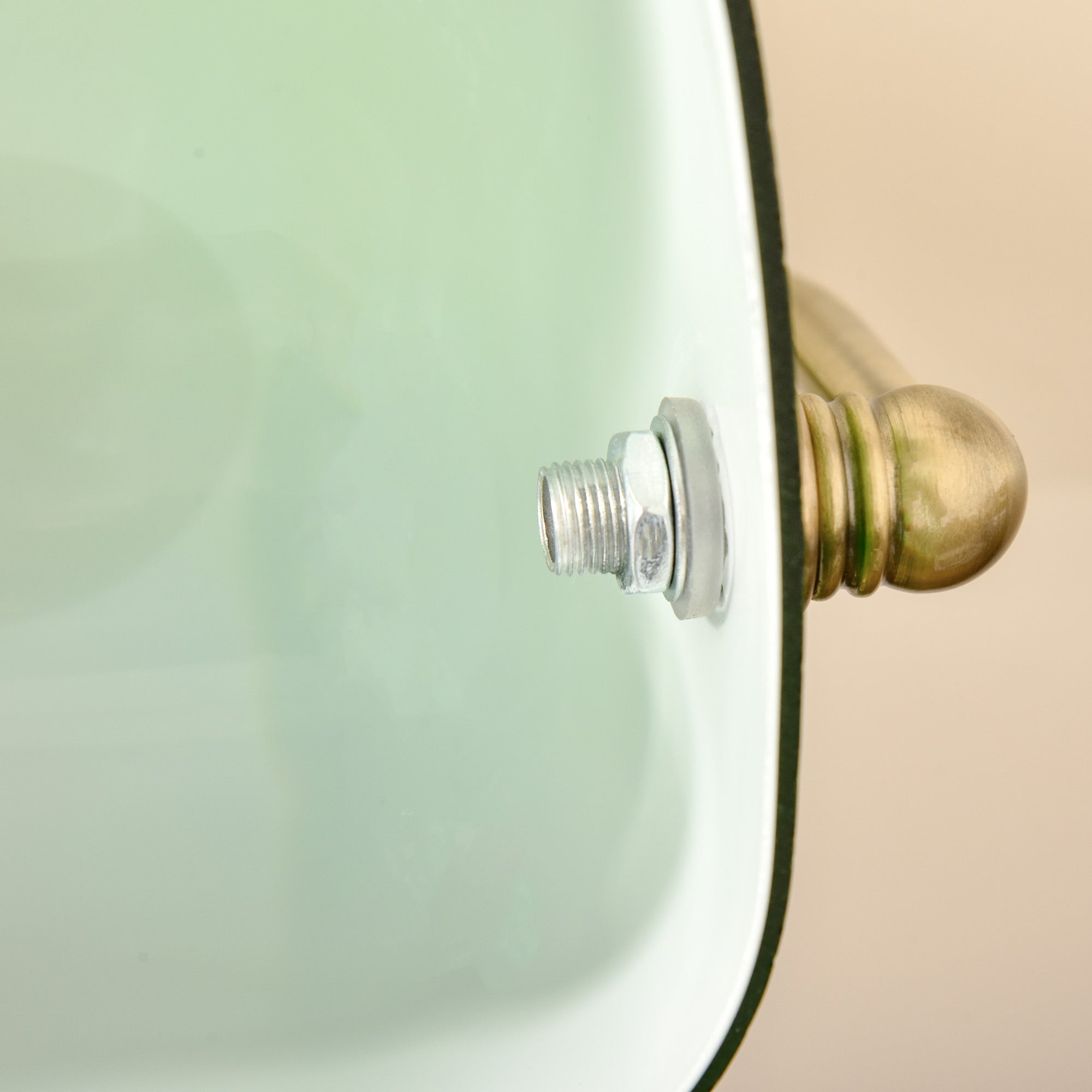 Mint green enamel basin with brass tone finish handle and silver-toned bolt paired with homcom desk lamp green glass shade