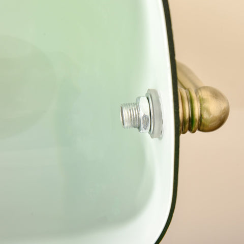 Mint green enamel basin with brass tone finish handle and silver-toned bolt paired with homcom desk lamp green glass shade