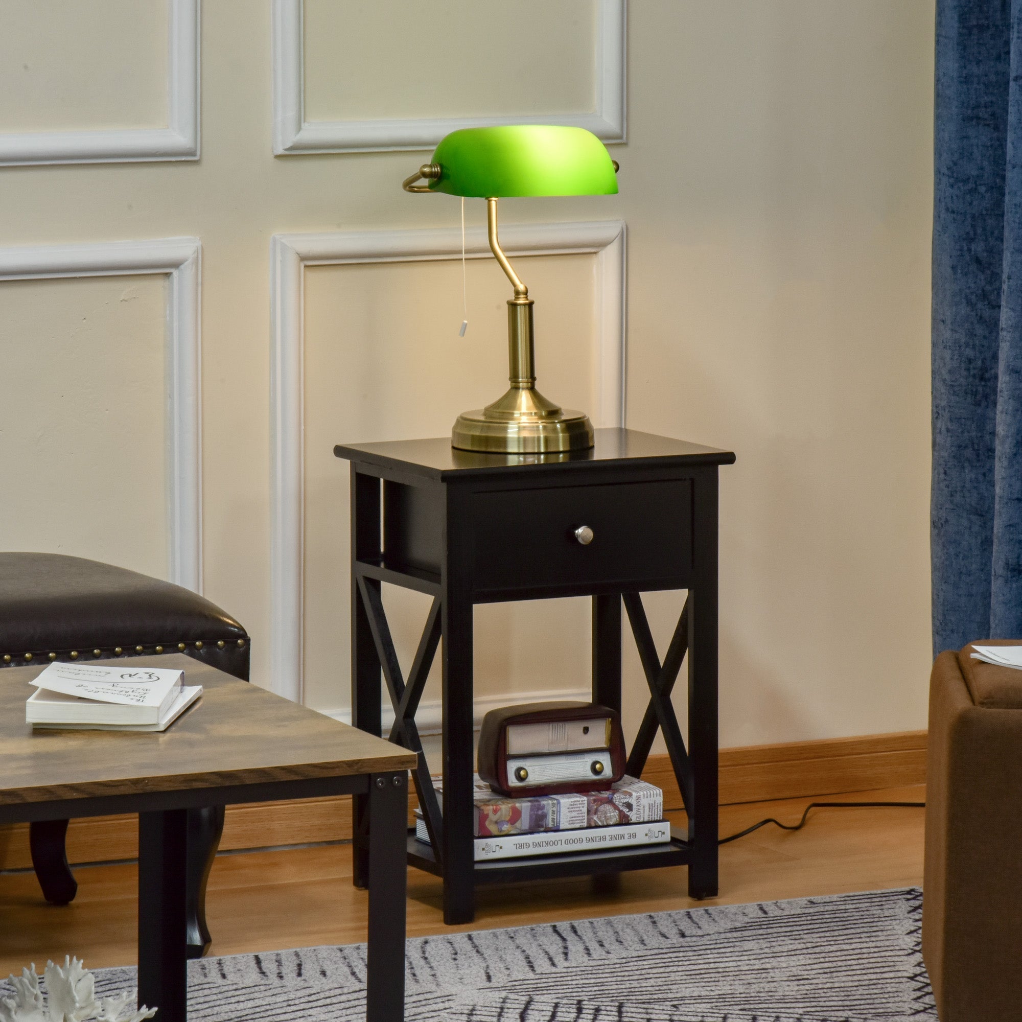 Vintage-style homcom desk lamp with bright green glass shade and brass tone finish metal base for home office use