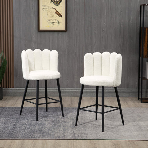 HOMCOM Bar Stools Set of 2, Faux Cashmere Upholstered Breakfast Bar Chairs, Modern Kitchen Stools with Backs, Footrest and Steel Base, Cream