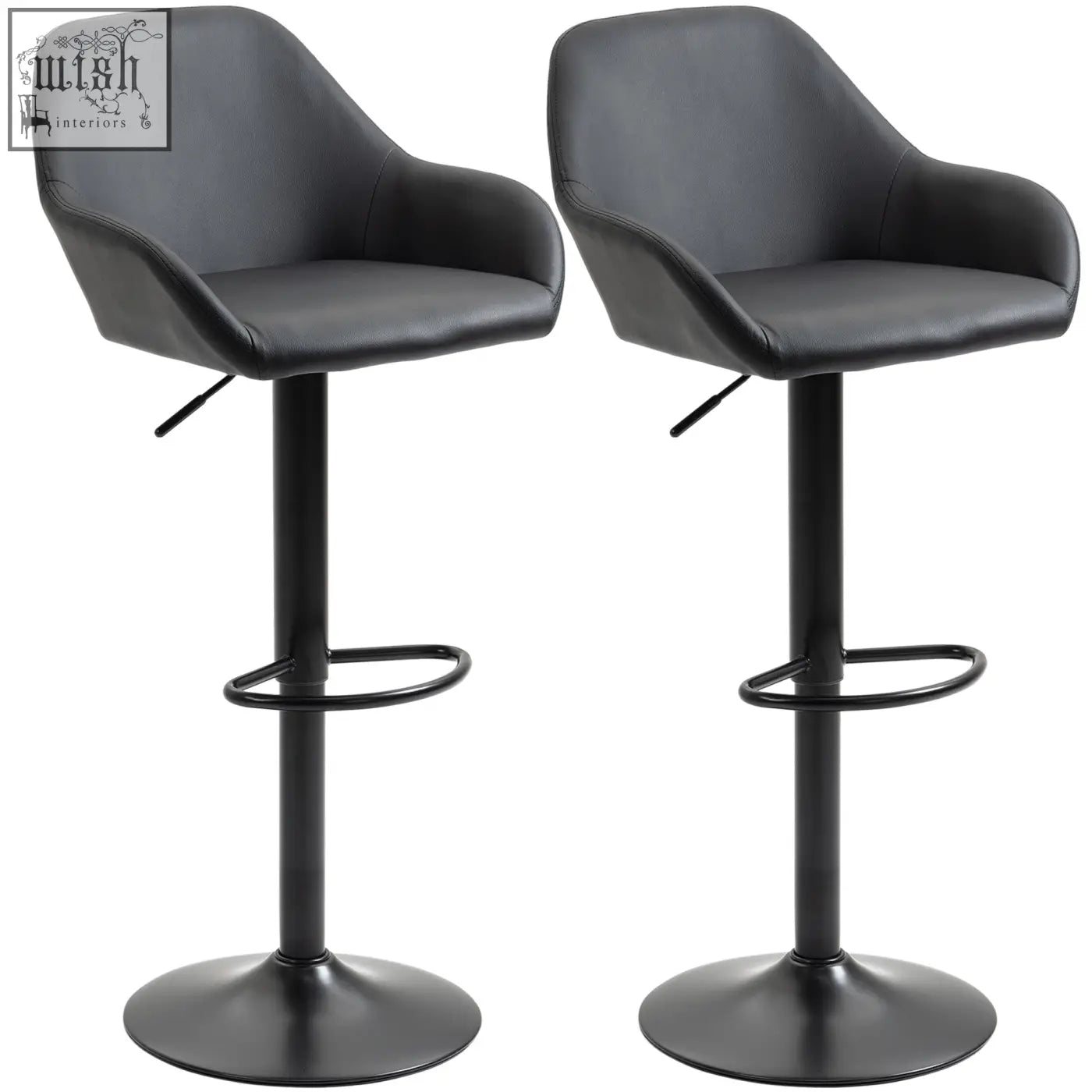 Black HOMCOM bar stools set of 2 with gas lift, skin-friendly PU leather, armrests, and footrest for kitchen counter use