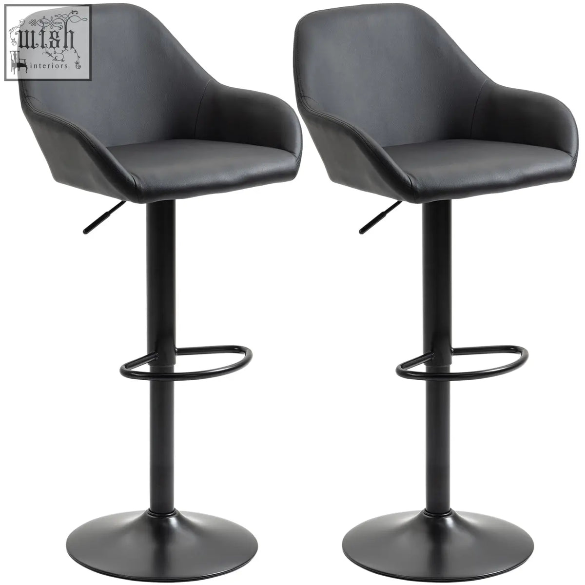 Black HOMCOM bar stools set of 2 with gas lift, skin-friendly PU leather, armrests, and footrest for kitchen counter use