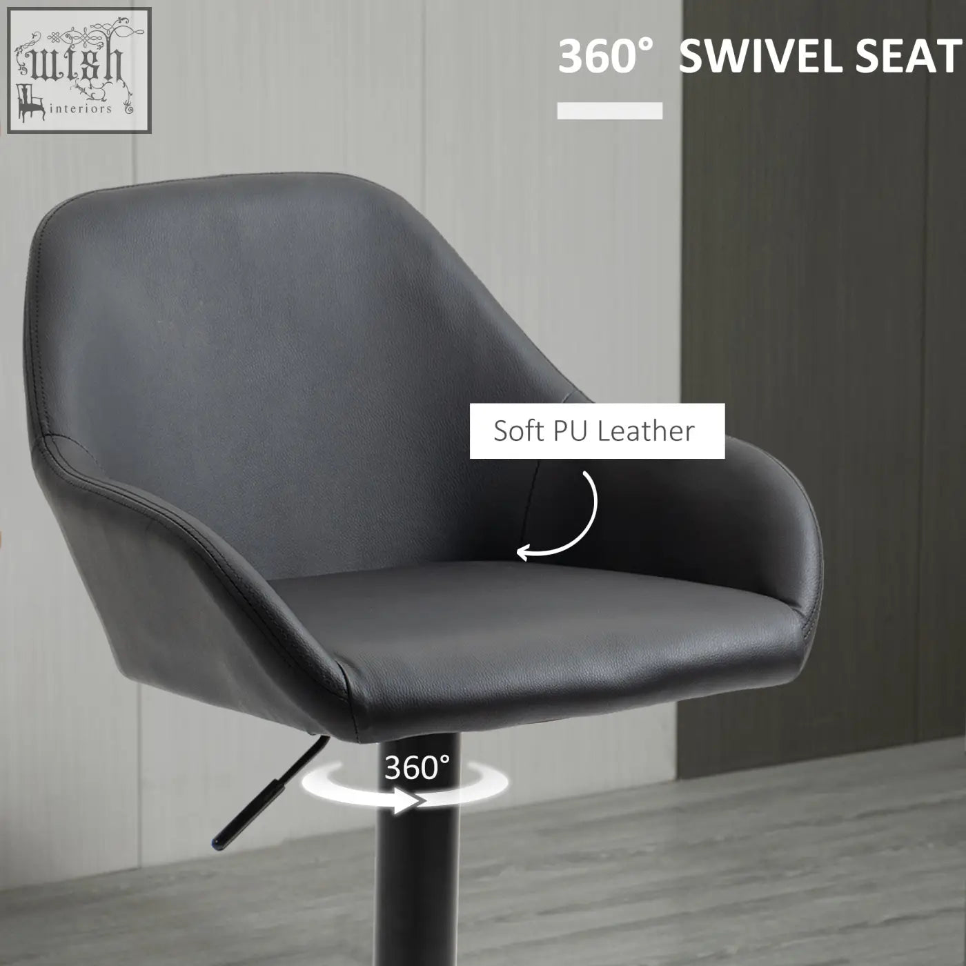 Black soft pu leather 360° swivel bar stool with gas lift height adjustment for kitchen counter use