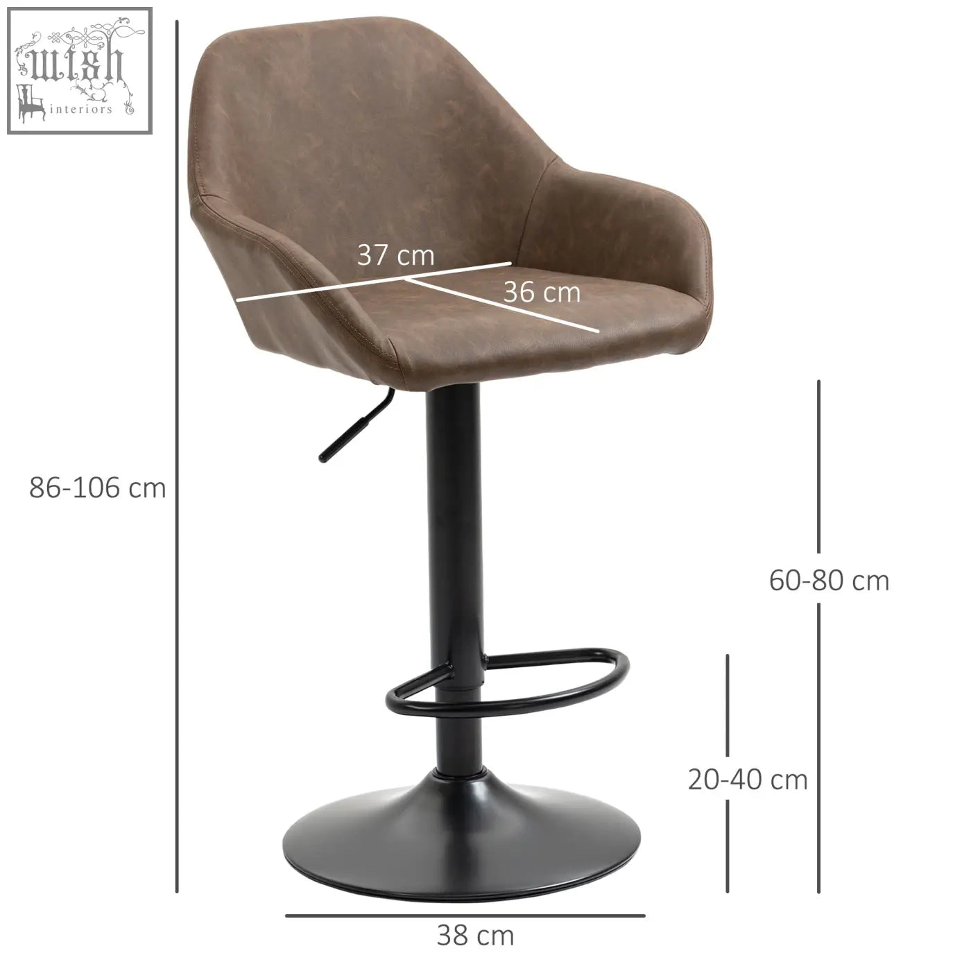 Brown faux leather HOMCOM bar stool with skin-friendly PU leather, black metal base, gas lift, perfect for kitchen counter