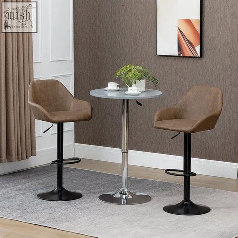 Brown upholstered homcom bar stools set of 2 with skin-friendly pu leather, gas lift, and black metal bases for kitchen counter