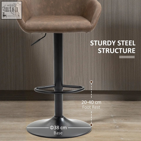 Brown homcom bar stools set of 2 with skin-friendly pu leather, gas lift, and sturdy steel base for kitchen counter use