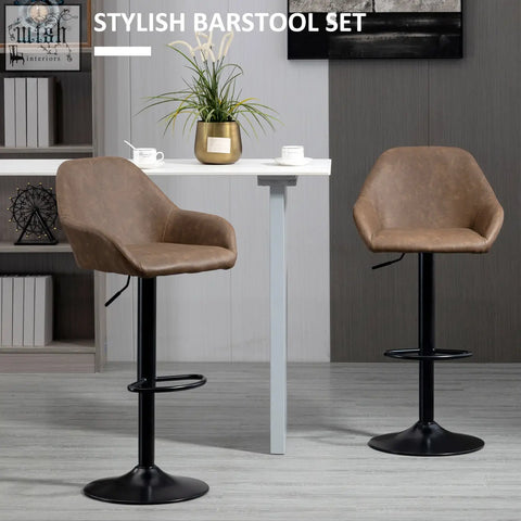 Brown leatherette HOMCOM bar stools set of 2 with skin-friendly pu leather, gas lift, black metal base for kitchen counter