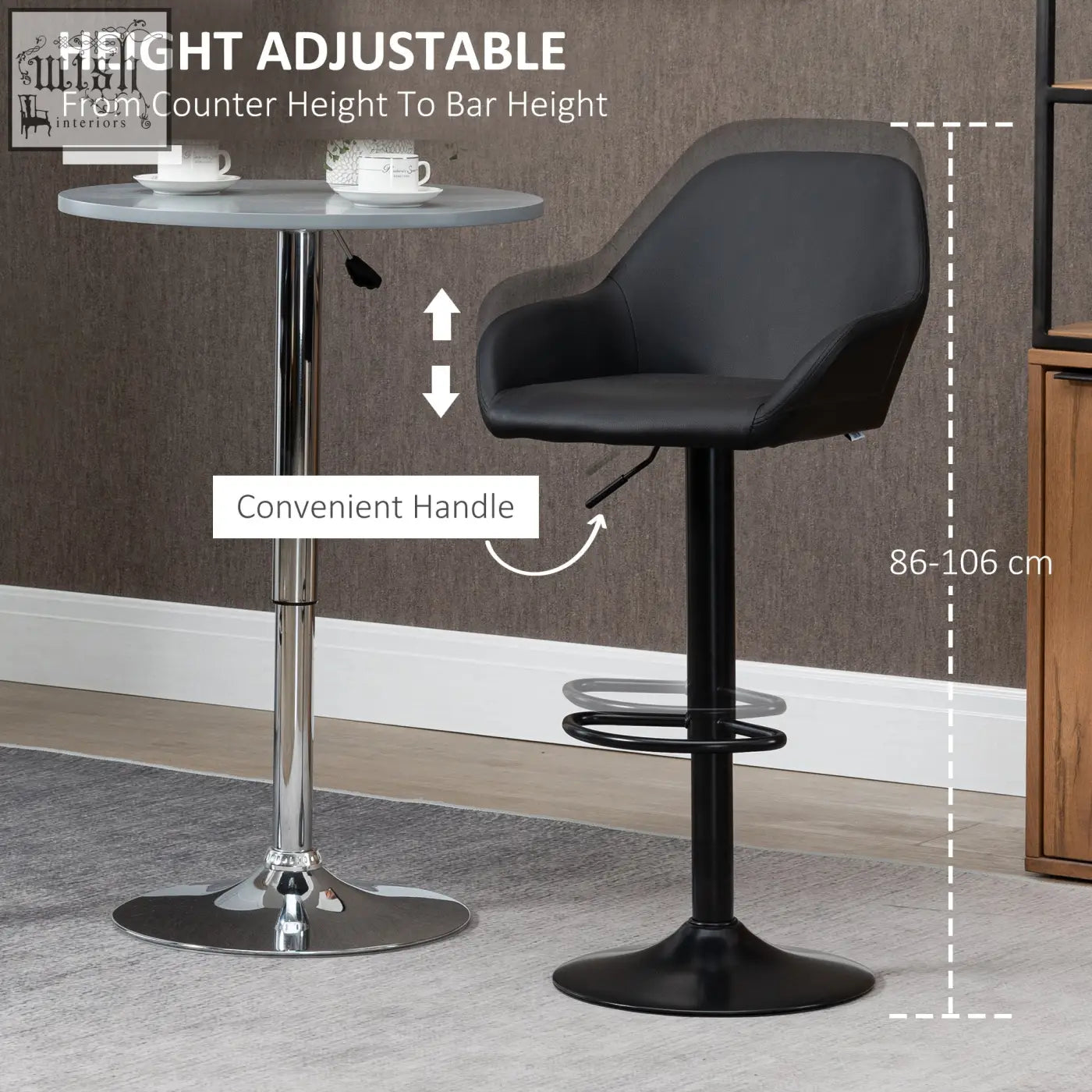 Black HOMCOM bar stools set of 2 with height adjustable gas lift, skin-friendly PU leather, chrome base for kitchen counter
