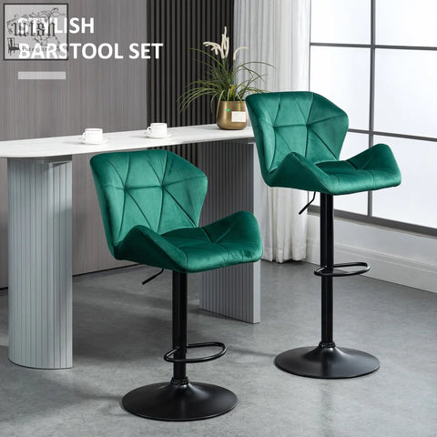 Emerald green velvet-feel upholstery barstools with metal frame round base and footrest set of 2 by homcom