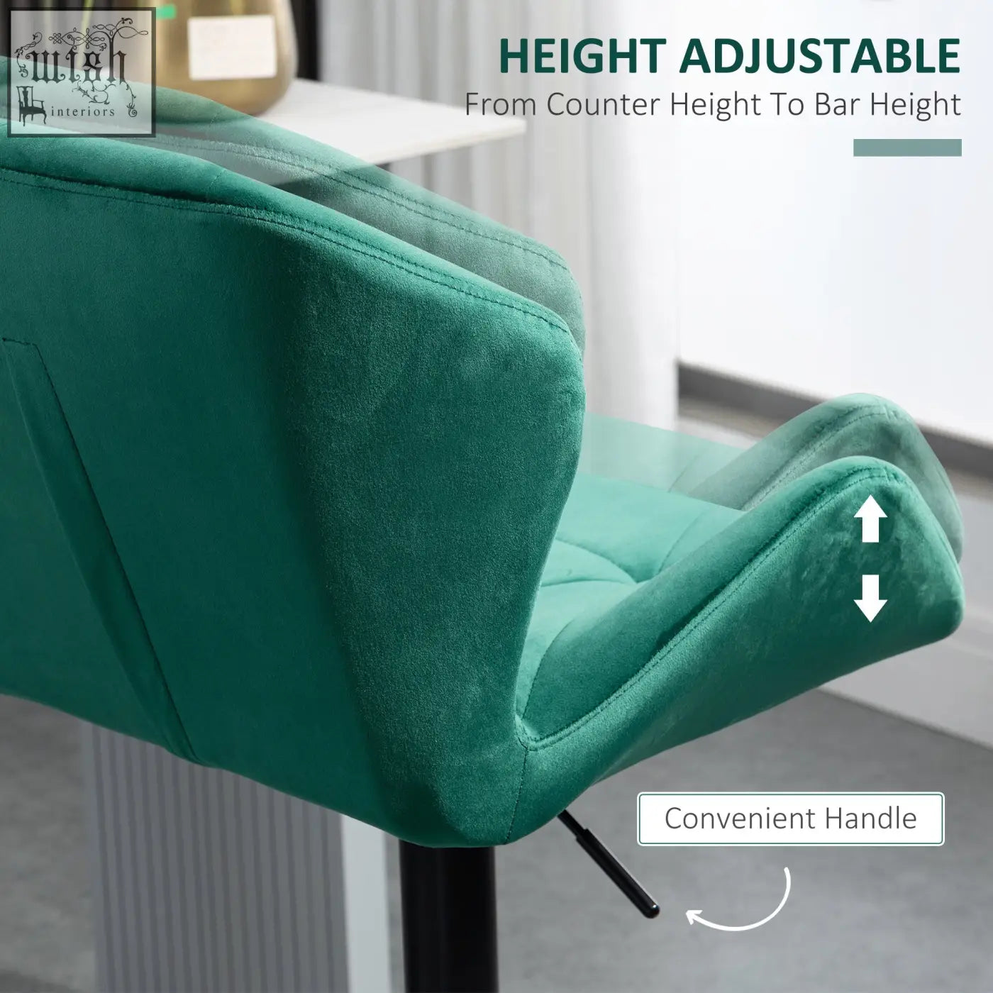 Teal velvet-feel upholstery bar stool with height-adjustable metal frame and round base for comfy seating