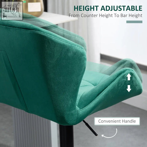 Teal velvet-feel upholstery bar stool with height-adjustable metal frame and round base for comfy seating