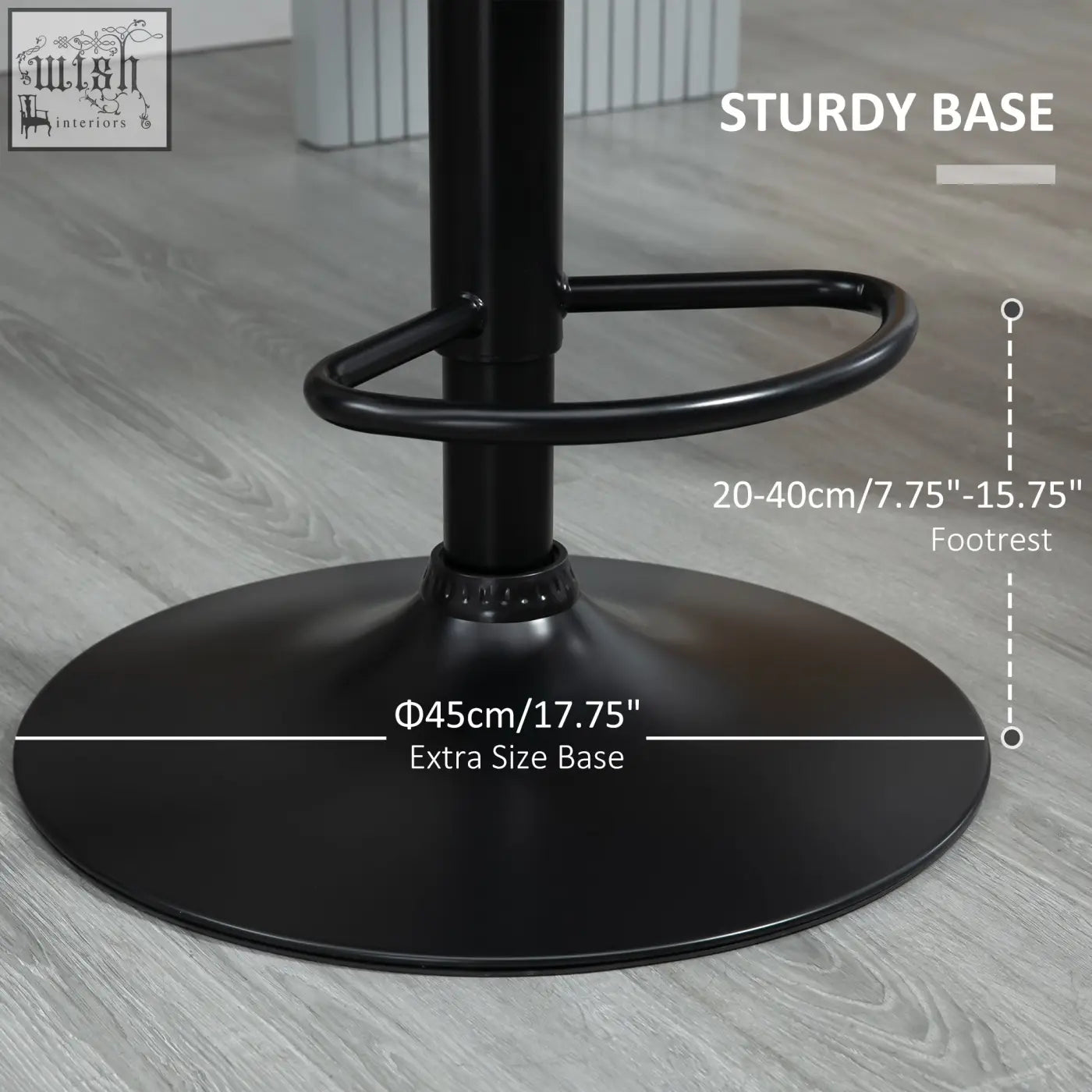 Black metal bar stool with velvet-feel upholstery, round base, metal frame, adjustable height, and footrest in grey