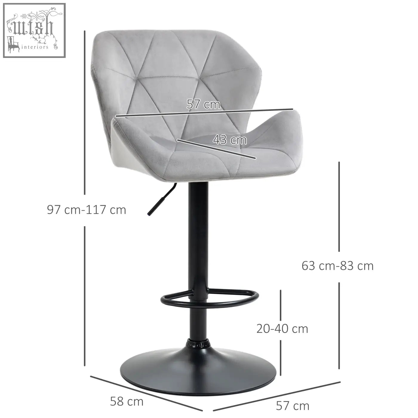Gray upholstered bar stool with velvet-feel upholstery, round base, and metal frame footrest for kitchen or bar use