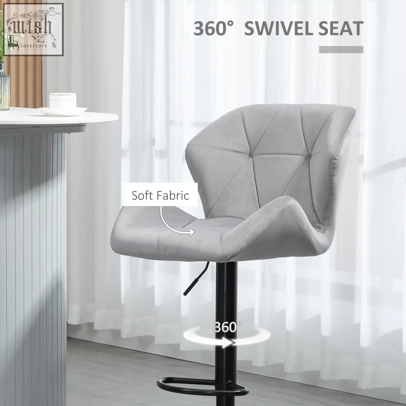 Gray upholstered homcom bar stool set with velvet feel upholstery metal frame round base and 360 swivel seat